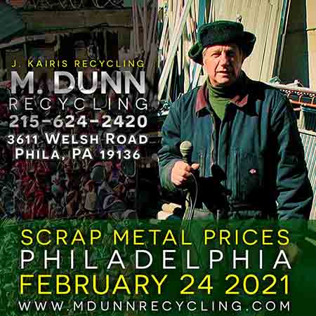 Copper Prices in Philadelphia May-June 2021. M Dunn Recycling presents Scrap Metal Philadelphia. Our blog about scrap metal prices. Compared to the last couple years, copper prices are way up. It's best to call us for a current price 215-624-2420 for prices change sometimes hourly. Plumbers and HVAC technicians, if you've been saving up your scrap. now is a good time to sell it. 