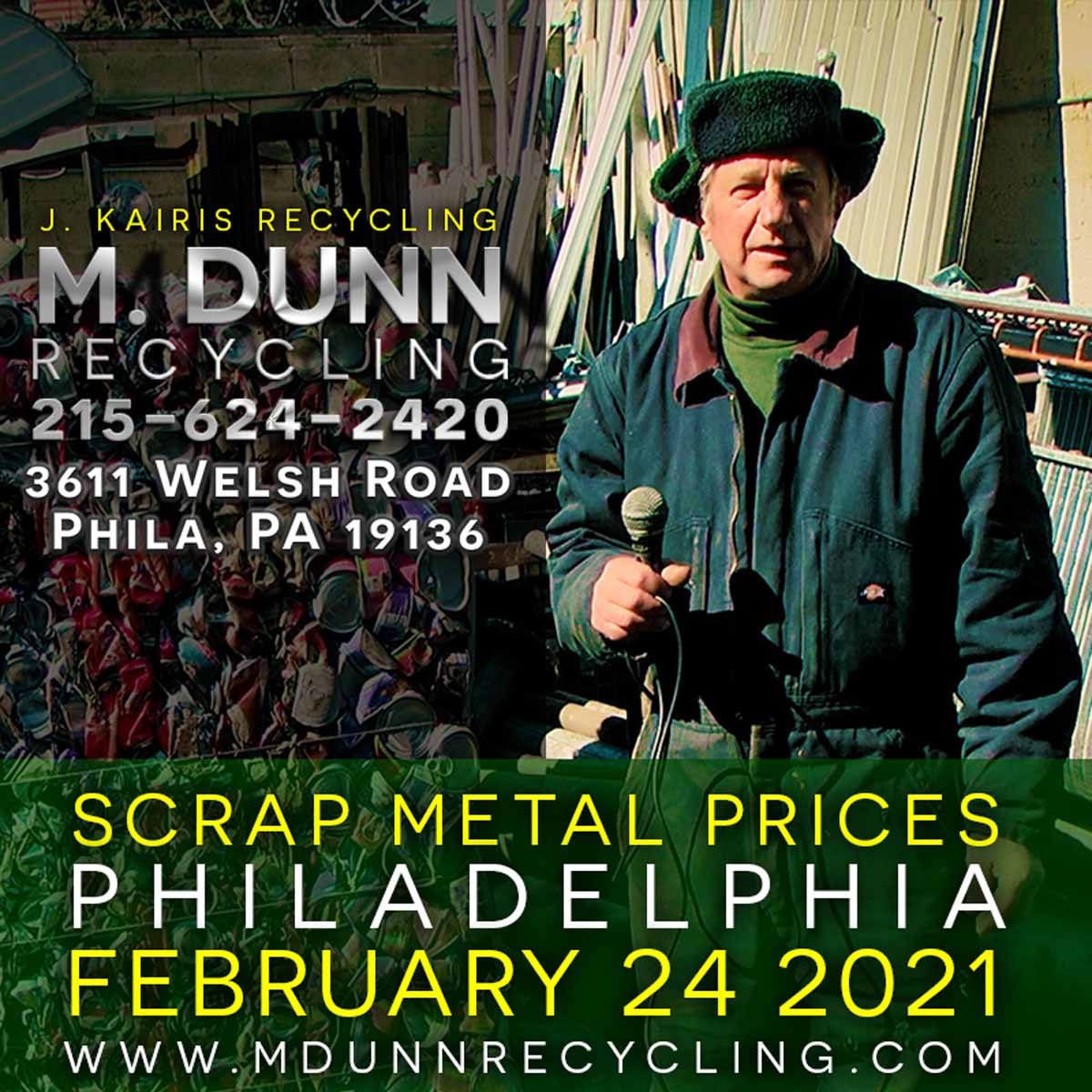 Philadelphia Scrap Metal Prices Blog for March 11th, 2021. Port Richmond 19134 Fishtown 19025 Scrap Prices have started to rise. so call 215-624-2420 fir up to date prices. We pay Cash for ALUMINUM CANS AND COPPER. J Karis Recycling formerly M Dunn Recycling Center located at 3611 Welsh Road Philadelphia PA 19136