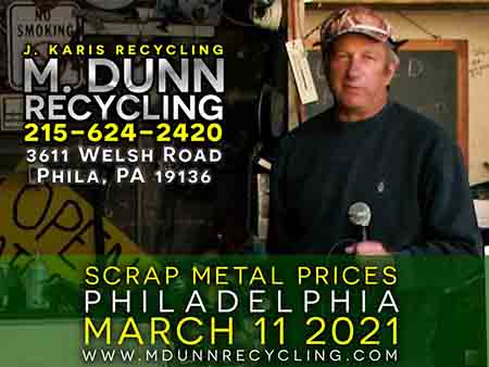 Philadelphia Scrap Metal Prices for March 17, 2021 Video Blog for M Dunn Recycling. It's time to clean out the clutter of your home or business.You may have common items you are unaware that are recyclable This week we have five common items adding up to $56 such as old extension cord, brass fittings, stainless steel kitchen sink, ceiling fan and copper aluminum air conditioner coils.J Karis Recycling formerly M Dunn Recycling Center located at 3611 Welsh Road Philadelphia PA 19136