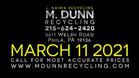 Philadelphia Scrap Metal Prices Blog for March 11th, 2021. Port Richmond 19134 Fishtown 19025   Scrap Prices have started to rise. so call 215-624-2420 fir up to date prices. We pay Cash for ALUMINUM CANS AND COPPER. J Karis Recycling formerly M Dunn Recycling Center located at 3611 Welsh Road Philadelphia PA 19136