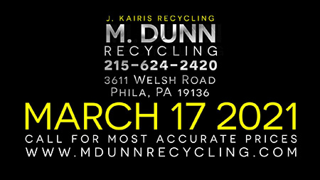 Philadelphia Scrap Metal Prices for March 17, 2021 Video Blog for M Dunn Recycling. It's time to clean out the clutter of your home or business.You may have common items you are unaware that are recyclable This week we have five common items adding up to $56 such as old extension cord, brass fittings, stainless steel kitchen sink, ceiling fan and copper aluminum air conditioner coils.J Karis Recycling formerly M Dunn Recycling Center located at 3611 Welsh Road Philadelphia PA 19136