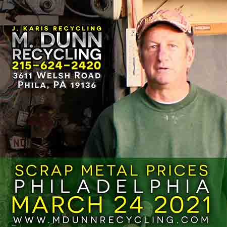 Philadelphia Scrap Metal Prices for March 24, 2021 Video Blog for M Dunn Recycling.3611 Welsh Road Northeast Philadelphia 19136 19149 Bring in your scrap for cash. Bring in Aluminum Cans, Old Lead Batteries, Scrap Romex Wire, Brass, Copper, Stainless Steel, Aluminum Siding, Aluminum Sheet