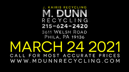 Philadelphia Scrap Metal Prices for March 24, 2021 Video Blog for M Dunn Recycling.3611 Welsh Road Northeast Philadelphia 19136 19149 Bring in your scrap for cash. Bring in Aluminum Cans, Old Lead Batteries, Scrap Romex Wire, Brass, Copper, Stainless Steel, Aluminum Siding, Aluminum Sheet